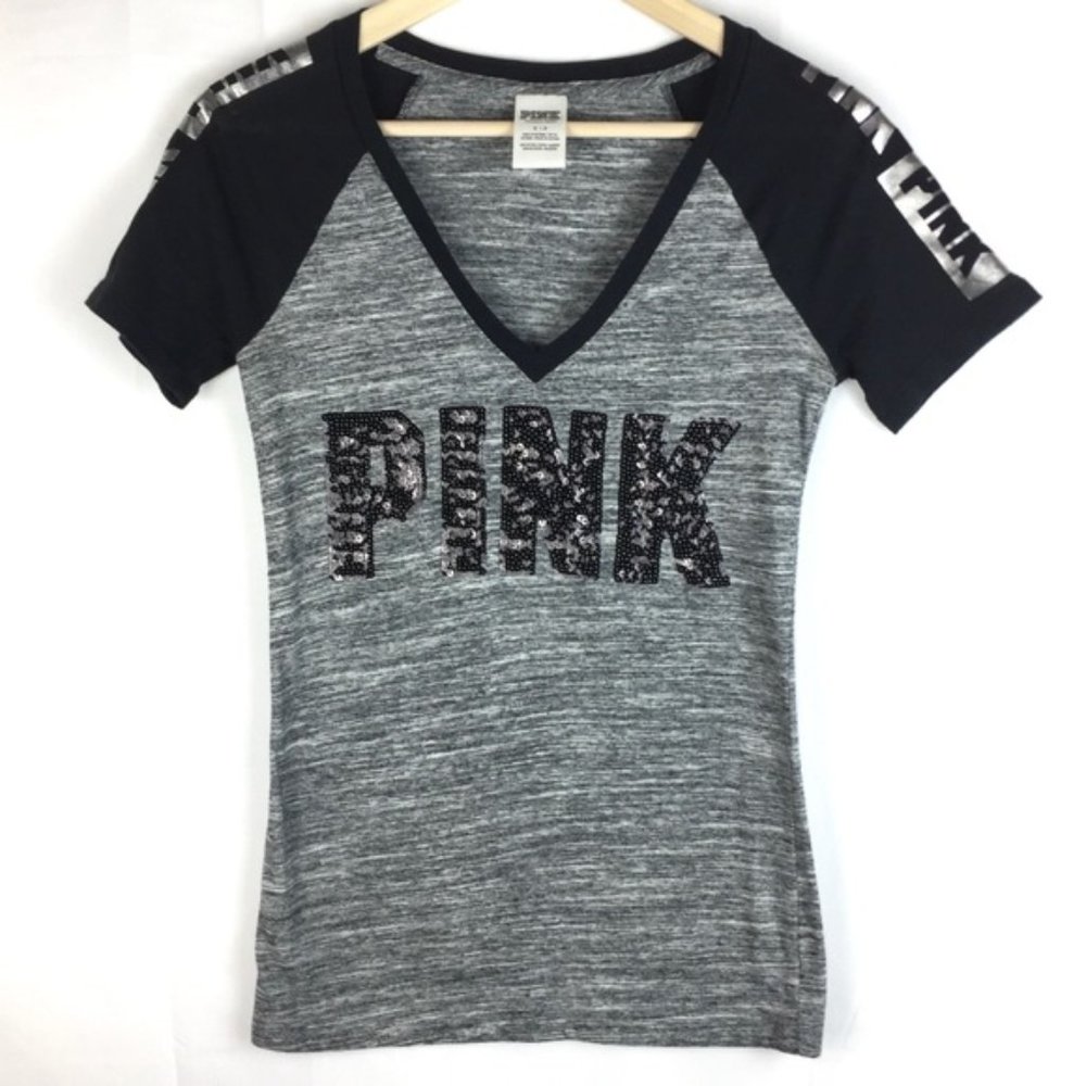 Victoria’s Secret PINK Black and Gray Sequin Tee | Size S